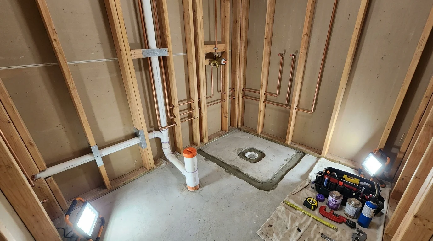 Bathroom rough-in plumbing during remodel by Johns Plumbing LLC in Rockville
