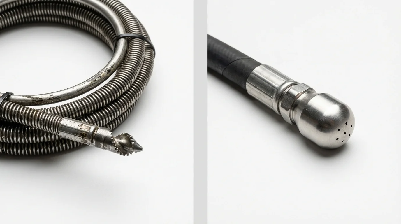 Drain snake cable and hydro jetting nozzle used for drain cleaning in Rockville, MN