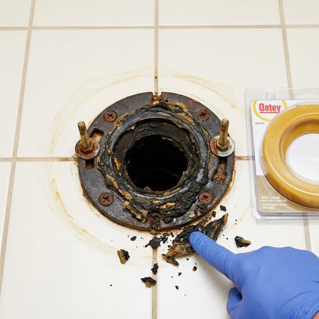 Failed wax ring showing water seepage at the base of a toilet in a Rockville, MN home