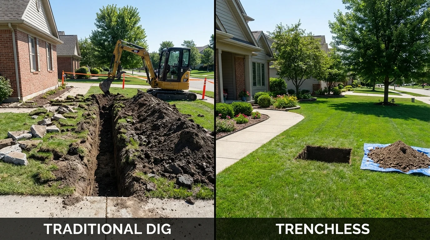 Trenchless sewer repair with minimal yard damage versus traditional excavation in Rockville, MN