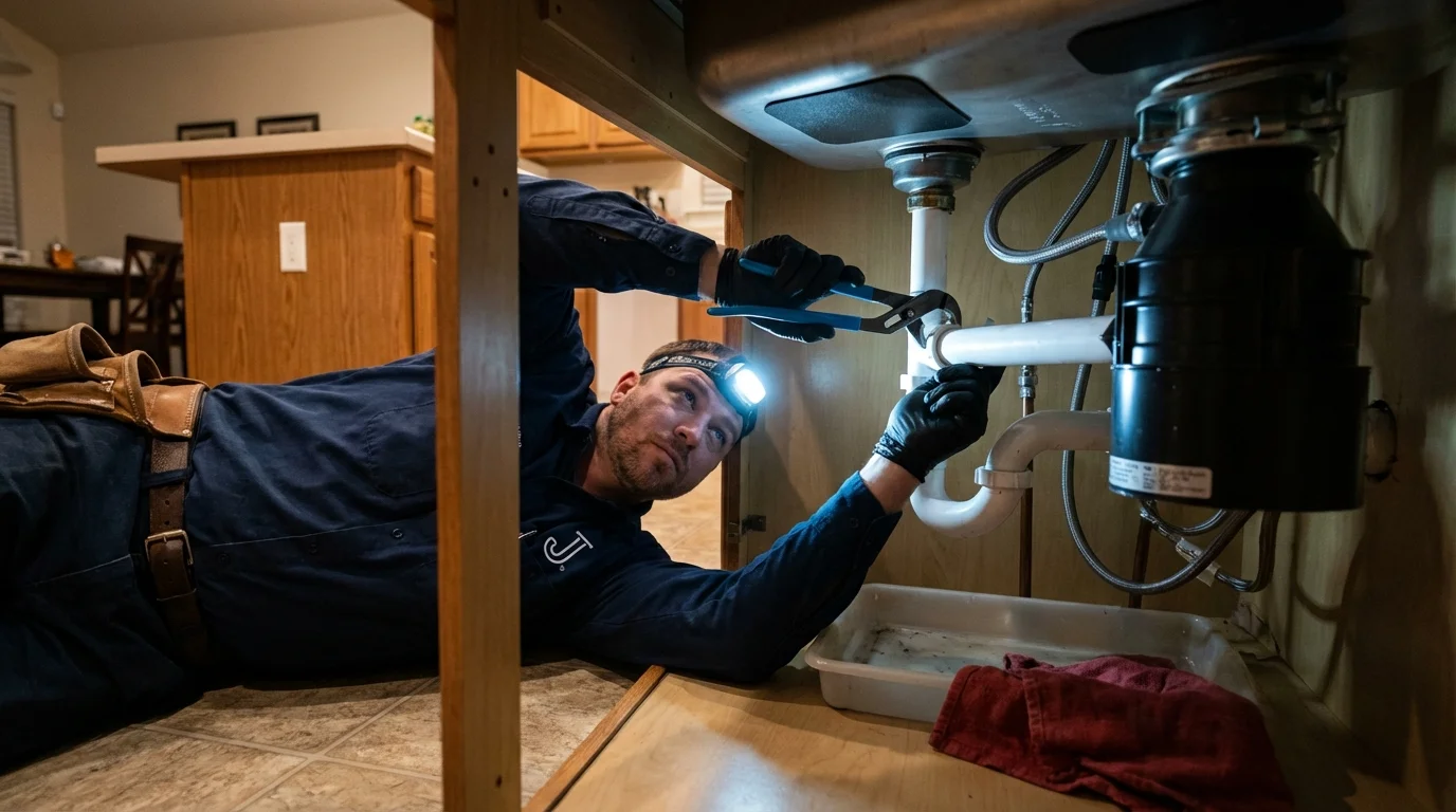 P-trap and supply line connections under a kitchen sink showing a common leak point in Rockville, MN